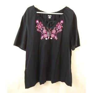 Liz & Me Womens Top 1X Black Pink Floral Embroidered Short Sleeve Cotton